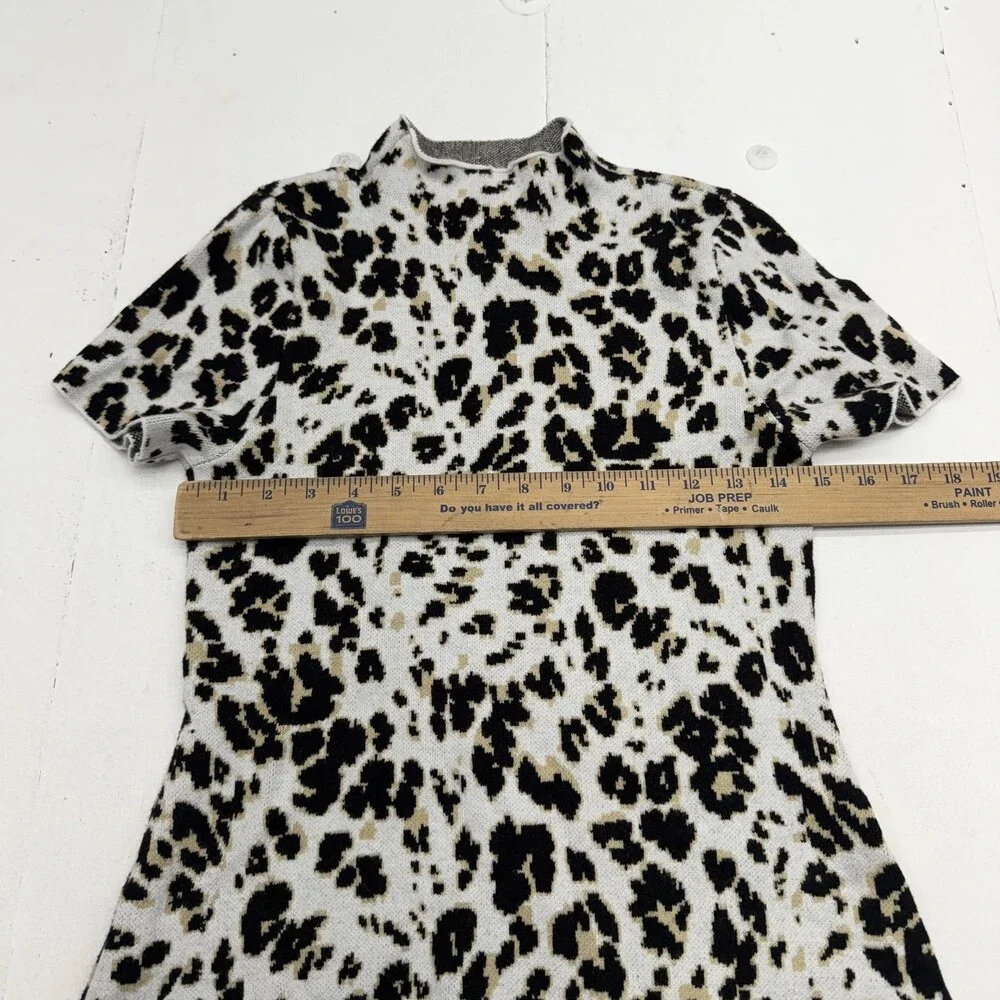 Scoop Sweater Dress Womens S White Leopard Print Mock Neck Short Sleeve Knit